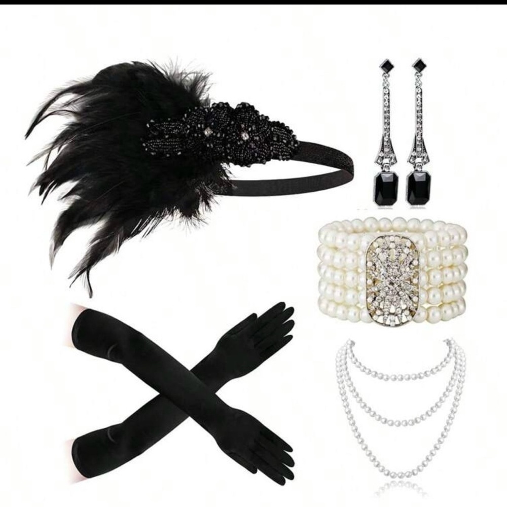 5-piece GATSBY style Black Feather Headband, gloves Pearl Jewelry Set